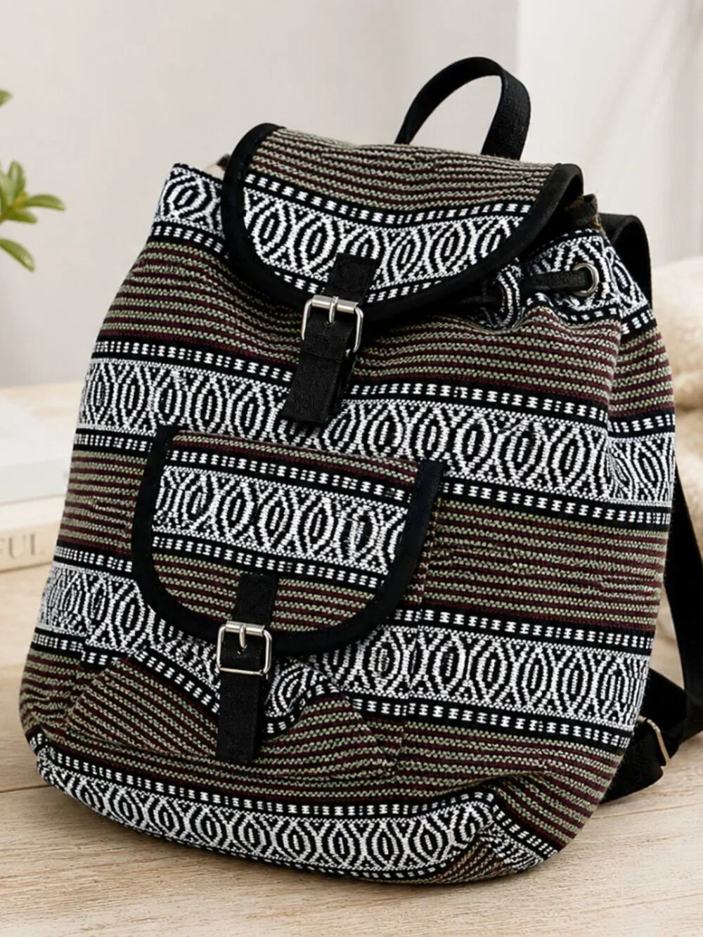 Boho Woven Backpack Red Green White Black Tribal Pattern India Drawstring Bag